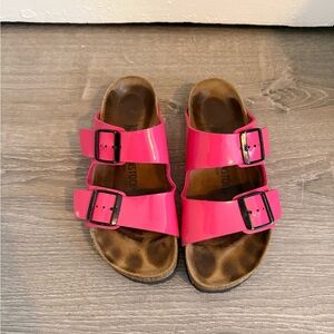 Hot pink patent leather Birkenstock sandals